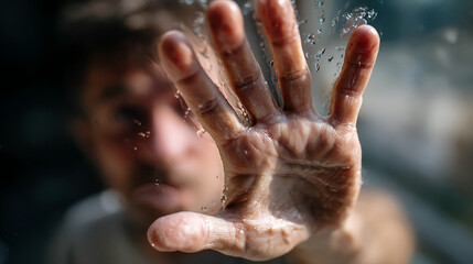 Struggling to Break Free Enclosed Man Behind Glass Emotional Portrait Urban Setting Close-up View Isolation and Longing