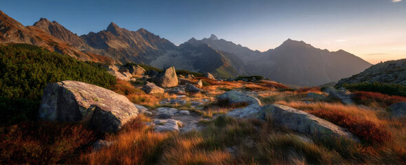 Sunset Alchemy: Red Rock Foreground Peaks Under Golden Light with Distant Tatra Summits | NatGeo-Style Layered Panorama in Summer