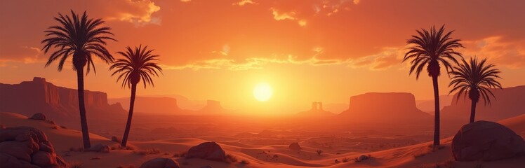 Vibrant desert sunset illuminates palm trees, majestic rock formations. Arid landscape glows with warm orange, red hues. Sand dunes stretch across horizon under dramatic sky, creating serene natural