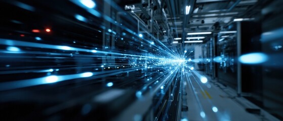 Futuristic data center with blue light trails, showcasing high speed data transfer and advanced technology infrastructure for cloud computing and artificial intelligence