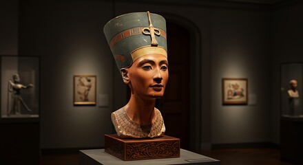 Bust of Egyptian Queen Nefertiti in museum display Iconic ancient artifact with historical importance Sculpted detail reflecting classical Egyptian art Symbol of power, royalty, and timeless ele