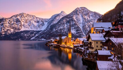 Scenic Hallstatt village at winter dusk