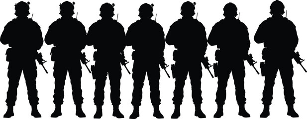 Silhouette of armed soldiers in tactical gear – military squad formation with helmets, rifles, and combat uniforms, isolated black vector illustration of special forces