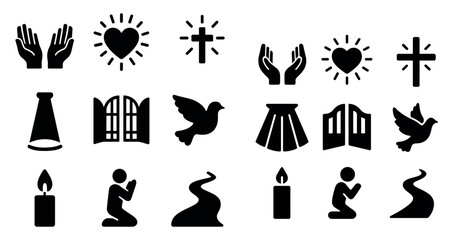 Spiritual and religious silhouette icons set – solid, faith, worship symbols