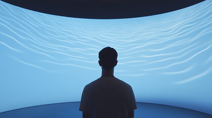 Individual facing large blue water-like screen, creating a serene and immersive experience. Modern technology meets tranquility.