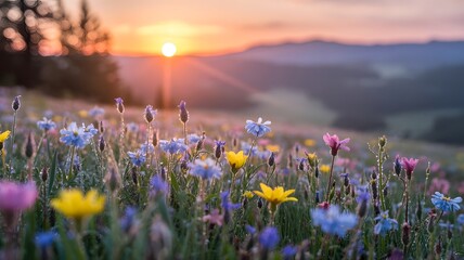 A vibrant spring landscape capturing the beauty of nature as the sun rises and sets over mountains and fields filled with pink and purple wildflowers in bloom under a blue summer sky