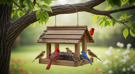 Birds feeding at wooden bird feeder in garden