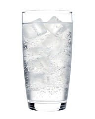 A refreshing tall glass of cold sparkling carbonated water with many ice cubes and rising bubbles, isolated on a clean transparent background PNG.