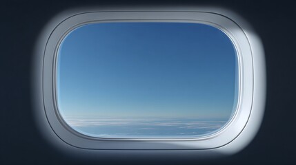 Captivating airplane window view of cloudscape and vibrant blue sky during a flight