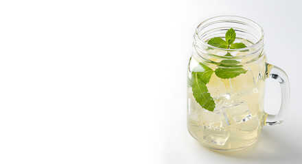 A mason jar filled with cold lemonade, ice cubes, and mint leaves, isolated on a pure white background with bright lighting