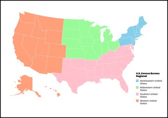 U.S. Census Bureau map showing four major regions in soft pastel colors with legend