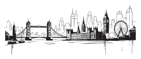 london cityscape tall building engraving sketch vector illustration