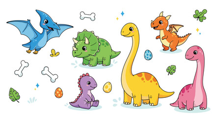 Adobe Illustrator artwork of a set of cute cartoon dinosaurs including a Pterodactyl, Triceratops, Brachiosaurus, and others, with eggs and bones. Perfect for children's designs