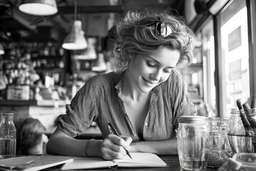 Young woman enjoying creative writing in a cozy coffee shop, capturing inspiration in a stylish urban setting