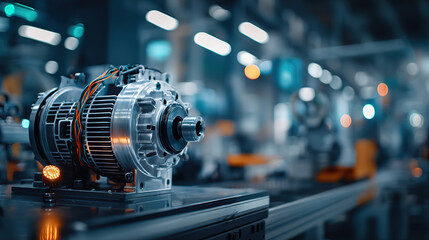 An electric motor sits on a factory floor, showcasing industrial engineering and power.