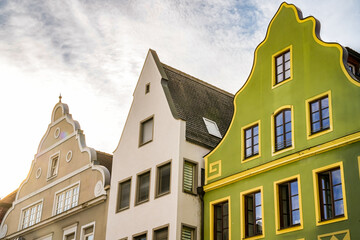 Ingolstadt Theresienstraße. There are many architectural monuments in the historic old town, such as these gabled houses with their late Baroque tail gable