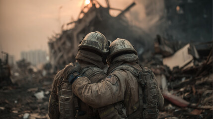 Two soldiers in the aftermath of war, offering comfort amidst the chaos and ruins of a city.