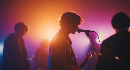 A band performs on stage with colorful lights illuminating the musicians