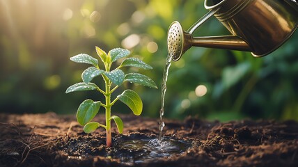 Tiny green sprout watered by golden can plant growth