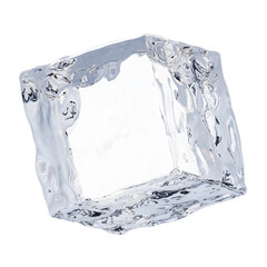 Distorted ice cube floats in darkness reflecting light and shadow