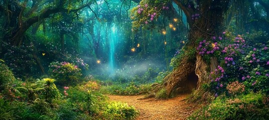 Enchanted fairytale forest with lush vegetation.
