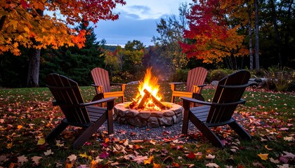 Cozy autumn fire pit scene with four chairs surrounded by fallen leaves