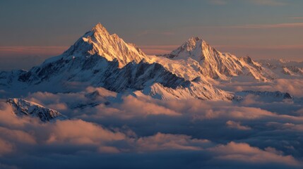 Sunlit snow-capped mountain peaks emerging above low clouds, golden sunrise light