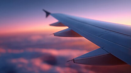 Close-up of an airplane wing with a sunset sky in the background, symbolizing air travel. Freedom, journey.
