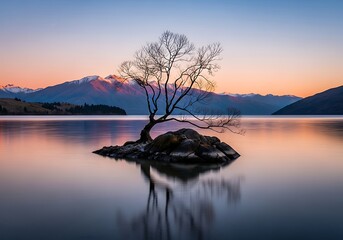 The iconic wanaka tree stands in the lake at sunset in new zealand