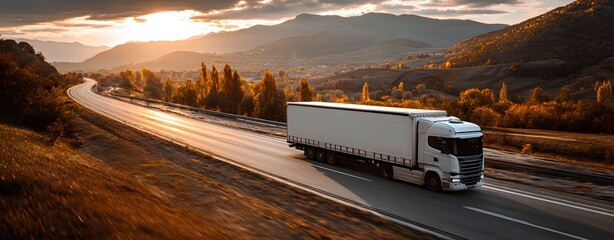 Expansive journey ahead: White semi-truck travels scenic highway at golden hour, symbolizing logistics and transport