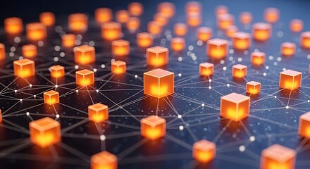Glowing orange cubes interconnected by a network of lines, representing data flow or a complex system.