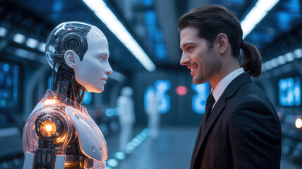 Smiling businessman meets modern robot in futuristic setting ready for innovation