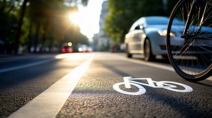 A bicycle lane symbol painted on asphalt, with blurred cars and trees in the background, suggesting urban mobility. 