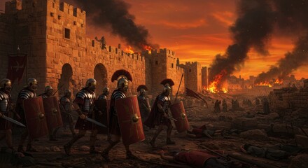 An illustration depicting Roman soldiers attacking the walls of ancient Jerusalem, fire and chaos
