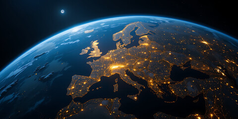 Earth at night view of europe illuminated by city lights