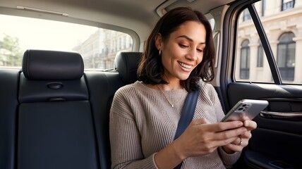 A woman is smiling while holding a phone inside a car