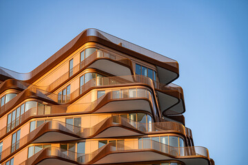 View of balconies on modern building exterior.