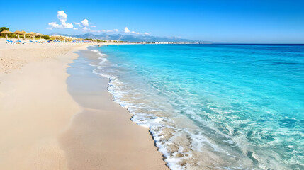 Pristine beach with turquoise water. Fine white sand meets clear, vibrant blue water. Sunny, idyllic beach scene with gentle waves