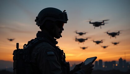 Futuristic warfare concept with a soldier in silhouette commanding a swarm of autonomous drones at sunset.
