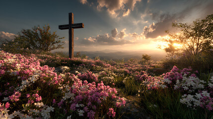 Christian cross flowers field sunset background easter sunrise religion faith hope love jesus christ god