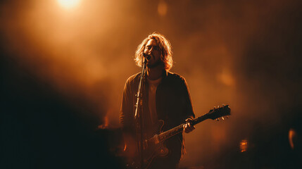long-haired musician sings into a microphone while playing guitar under warm, dramatic stage lighting, capturing the raw emotion of a live performance