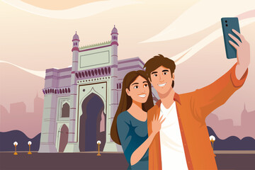 Para turystów robiąca selfie na tle Bramy Indii w Bombaju. Ilustracja symbolizująca romantyczną podróż i wspomnienia z wakacji.