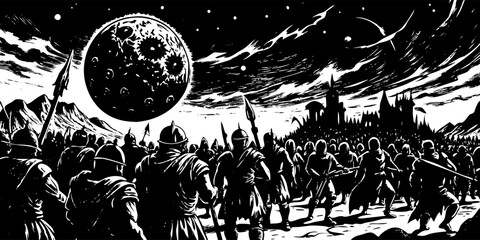 Vector art of epic fantasy army soldiers warriors medieval battle scene moon night landscape illustration artwork design vector illustration