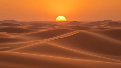 Vast desert dunes bathed in sunset hues, creating a serene and timeless landscape.