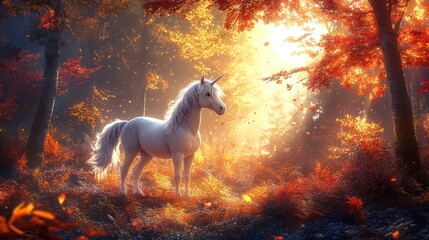 Majestic white unicorn in autumn forest, bathed in sunlight