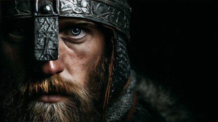 Close-up portrait of medieval warrior in helmet with intense gaze in darkness.