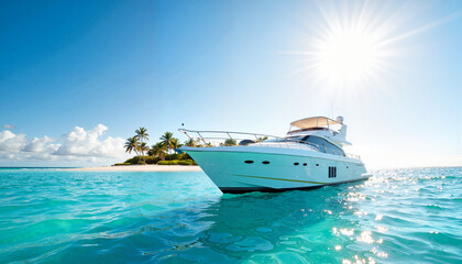 Yacht trip on clear turquoise water with exotic island background, yacht trip providing a relaxing getaway. Enjoy yacht trip on clear water