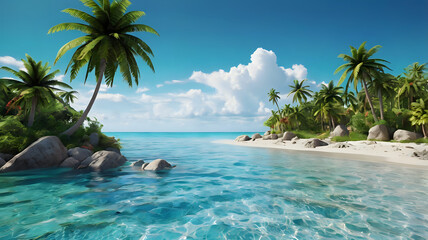 3D scene of a tropical island with swaying palm trees, crystal-blue water, and white sand, cartoon-style proportions and vivid colors