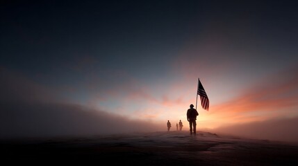 Silhouette of soldiers with american flag at sunset embodying sacrifice and service