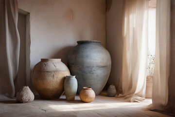 Ogromne, ręcznie wykonane donice w stylu wabi sabi stojące w naturalnym, minimalistycznym wnętrzu. Surowa estetyka podkreśla piękno niedoskonałości i prostotę formy.